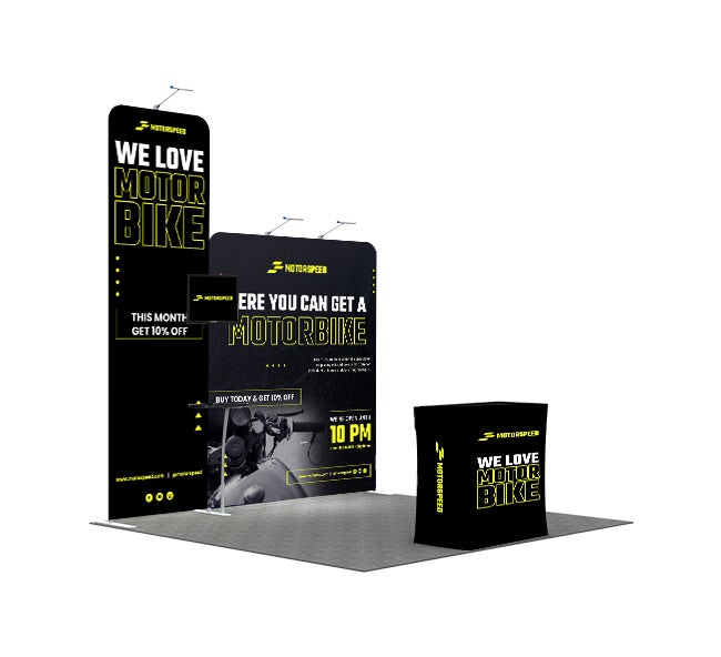 10ft Inline Trade Show Booth – Portable Backwall Display with Counter & Shelving