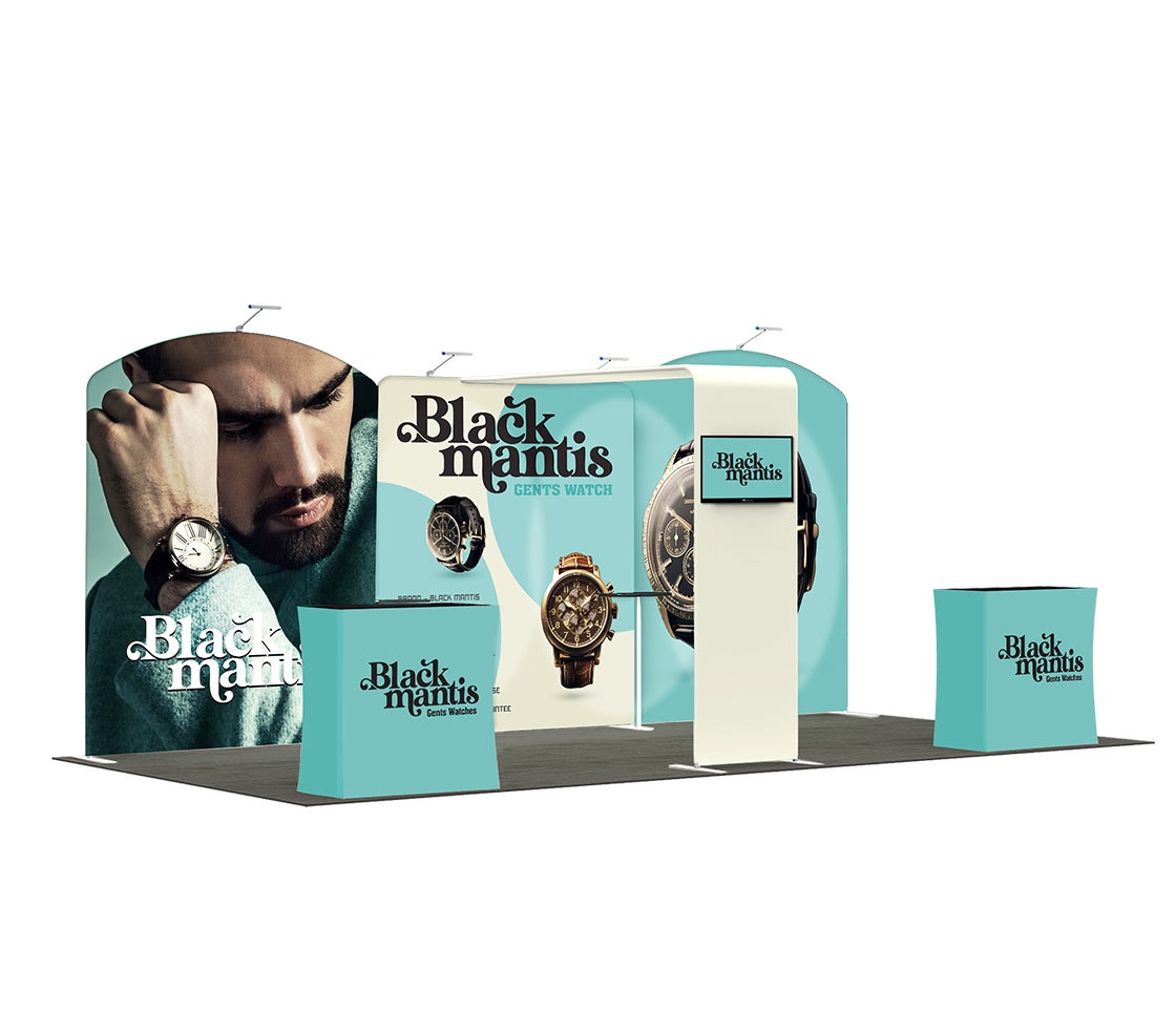 20ft Inline Trade Show Booth – Complete Display Package with Dual Podiums & Banner Stand