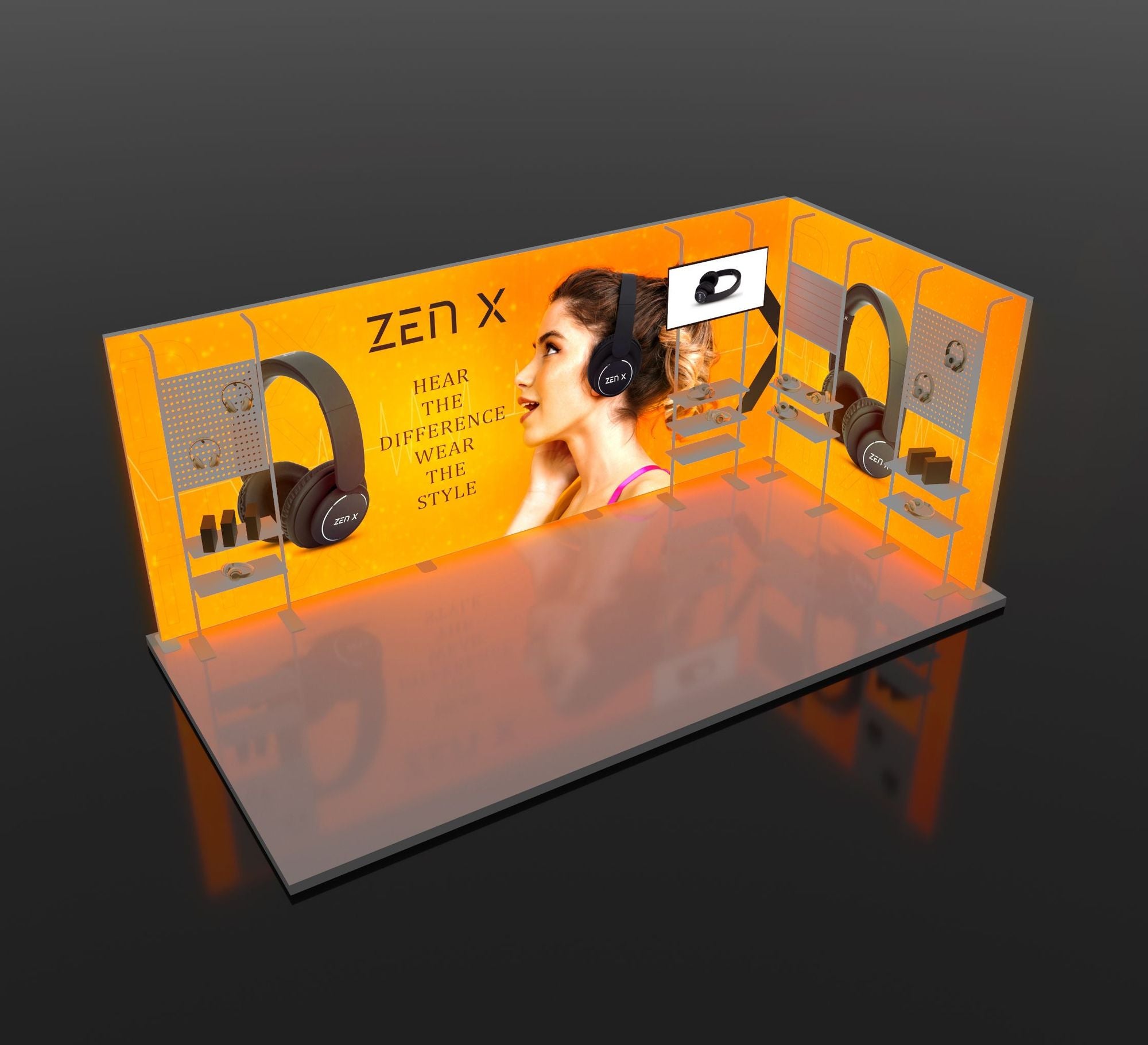 20ft Backlit Trade Show Display – LED Lightbox Backwall with Shelving