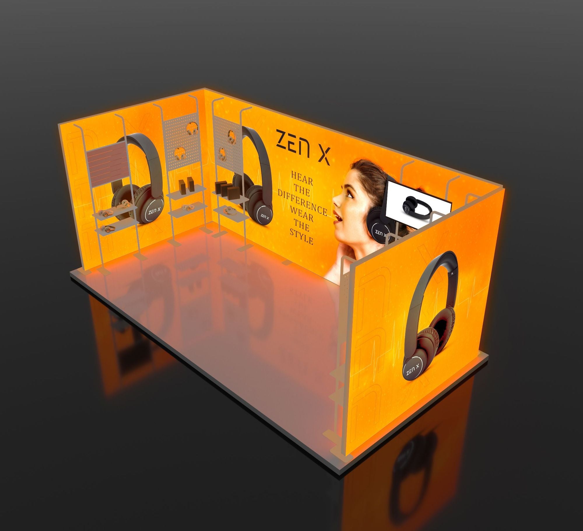 20ft Backlit Trade Show Display – LED Lightbox Display with Shelving