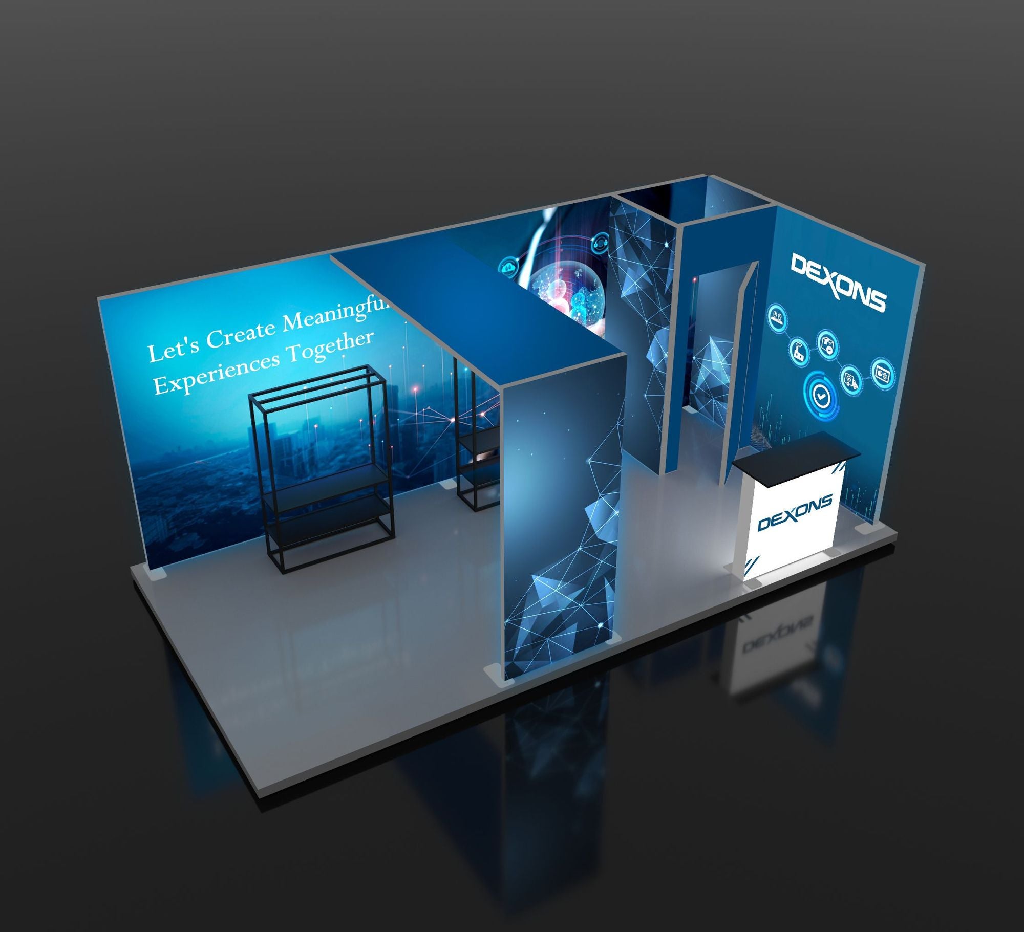 20ft Backlit Trade Show Display – LED Lightbox Backwall with Counters & Graphics